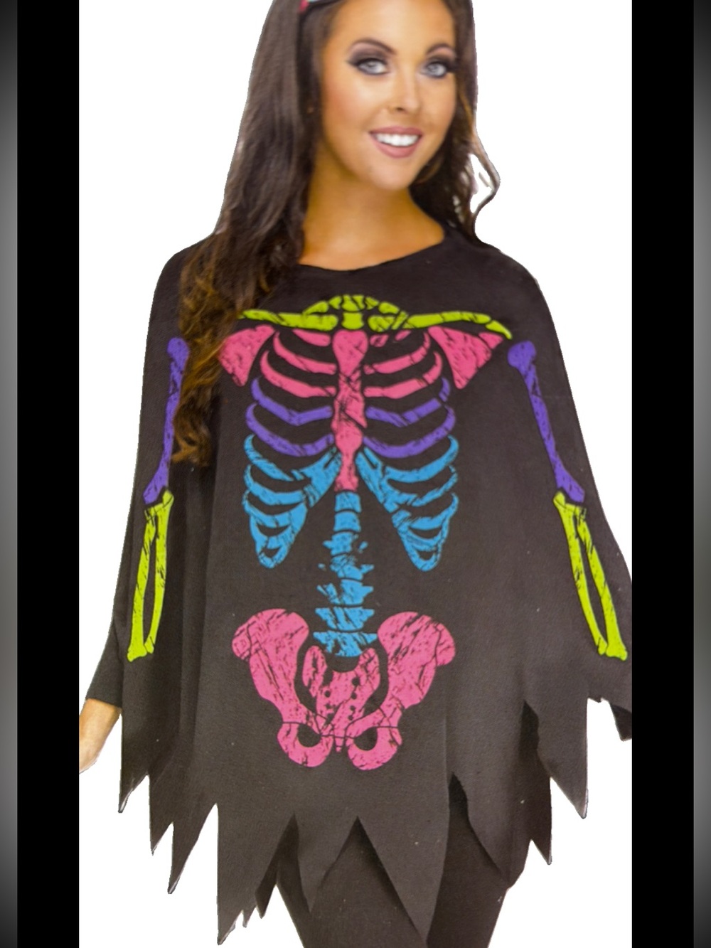 Skeleton Black Pullover Colorful Poncho Costume Cape Adult One Size Womens NEW
